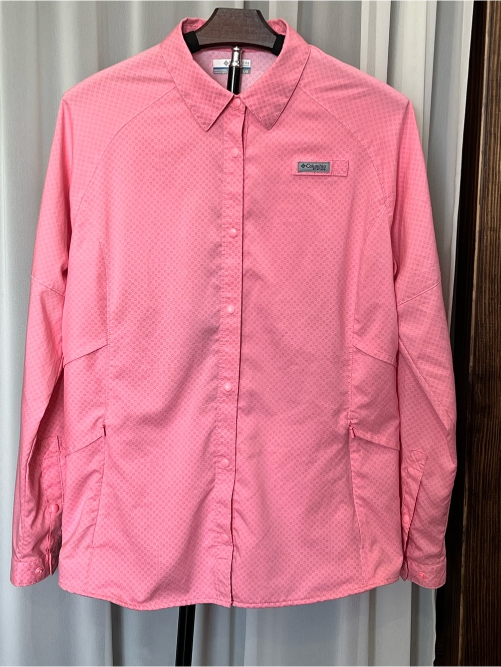 COLUMBIA PFG Women’s Large Fishing Shirt Patterned Pin Gray Omni Shade Vented